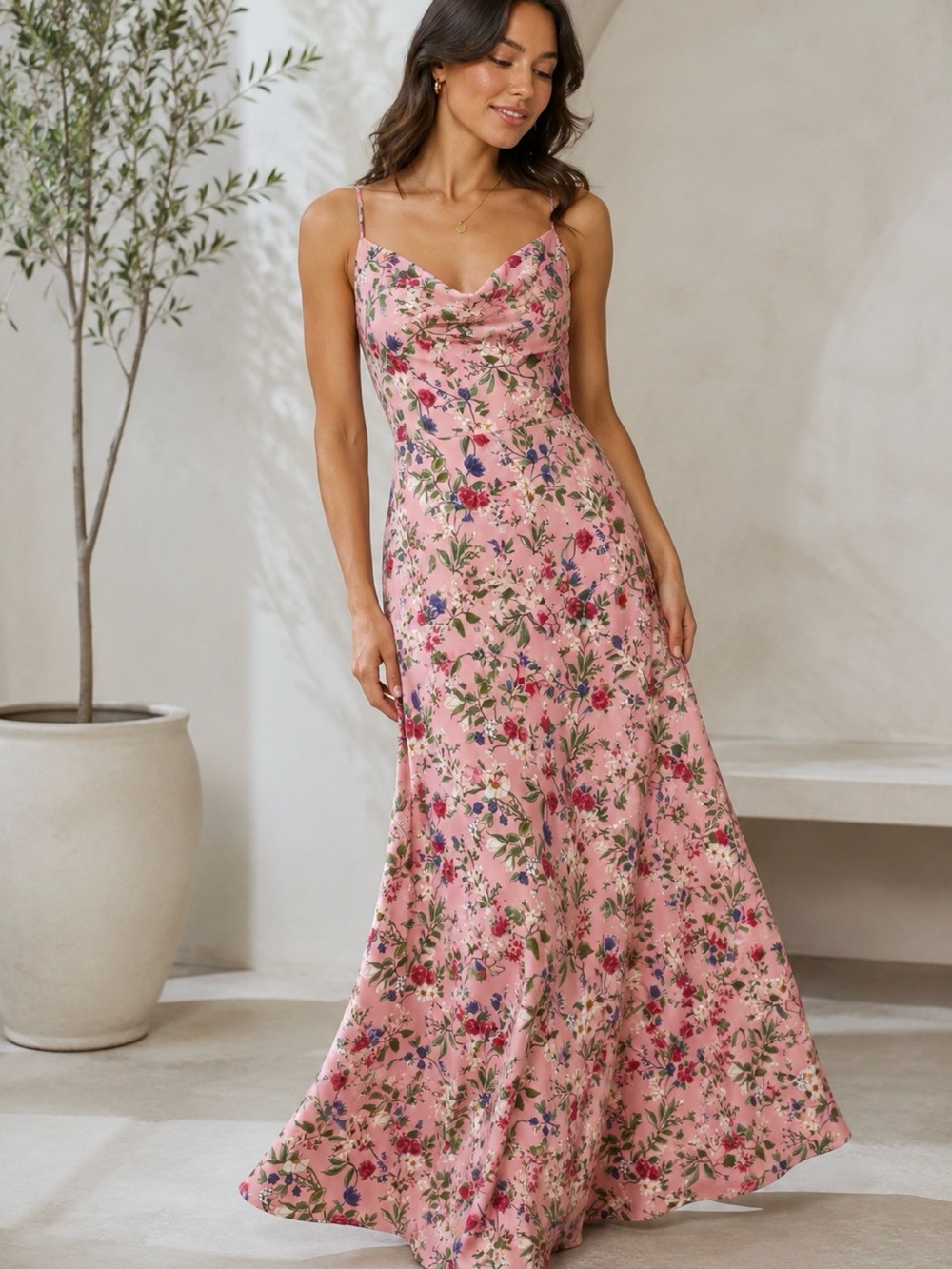 Smith & Quinn Brigette Pink Botanical Floral Cowl Neck Maxi Dress Small S